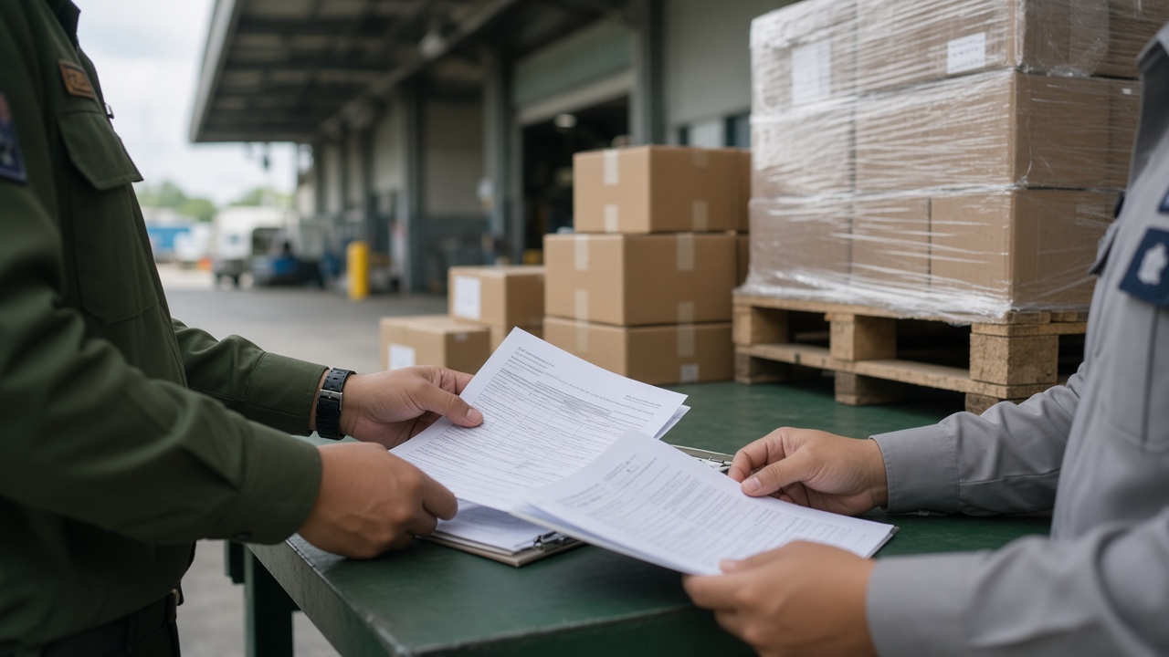 Document check beside cargo cartons