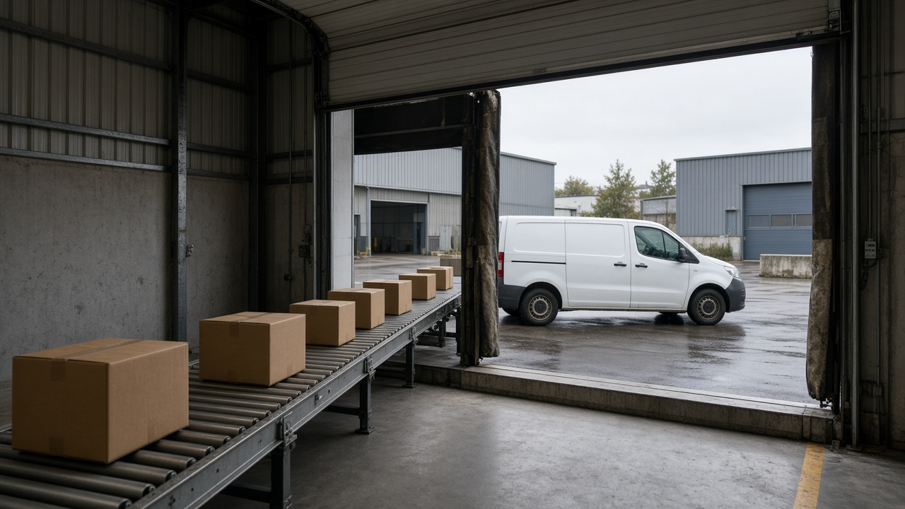 Distribution area with parcels and a van