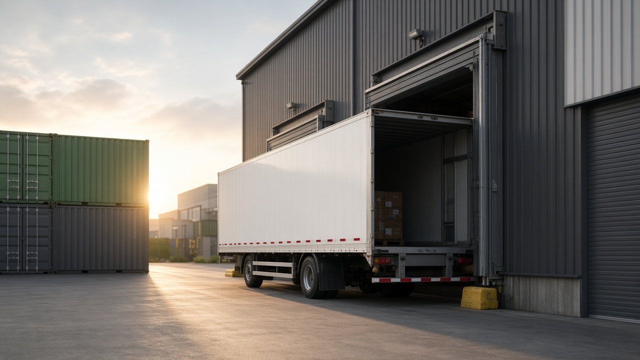Loading dock with containers and a cargo truck